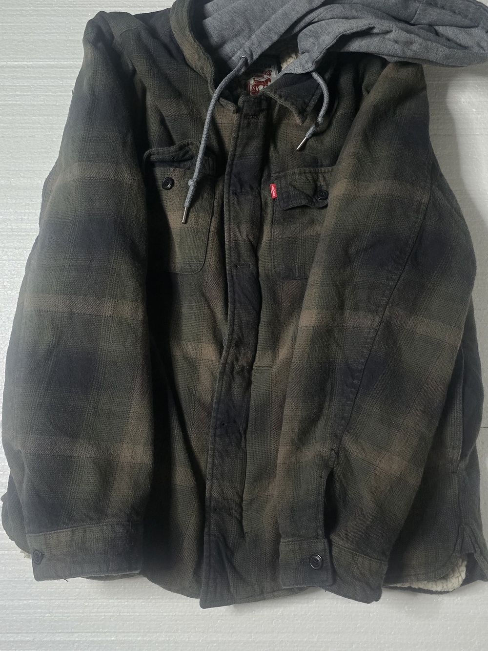 Levi's Men's Hooded Plaid Field Jacket - Olive and Gray